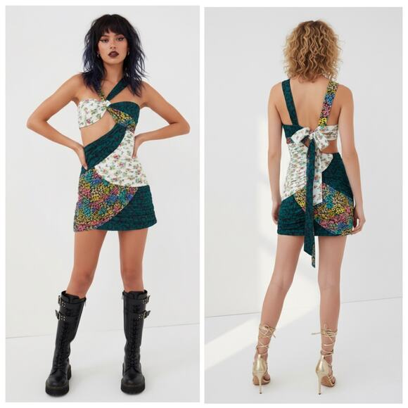 For Love & Lemons NWT Darlene Green Floral Colorblock Cut-Out Mini Dress Large - Picture 5 of 14